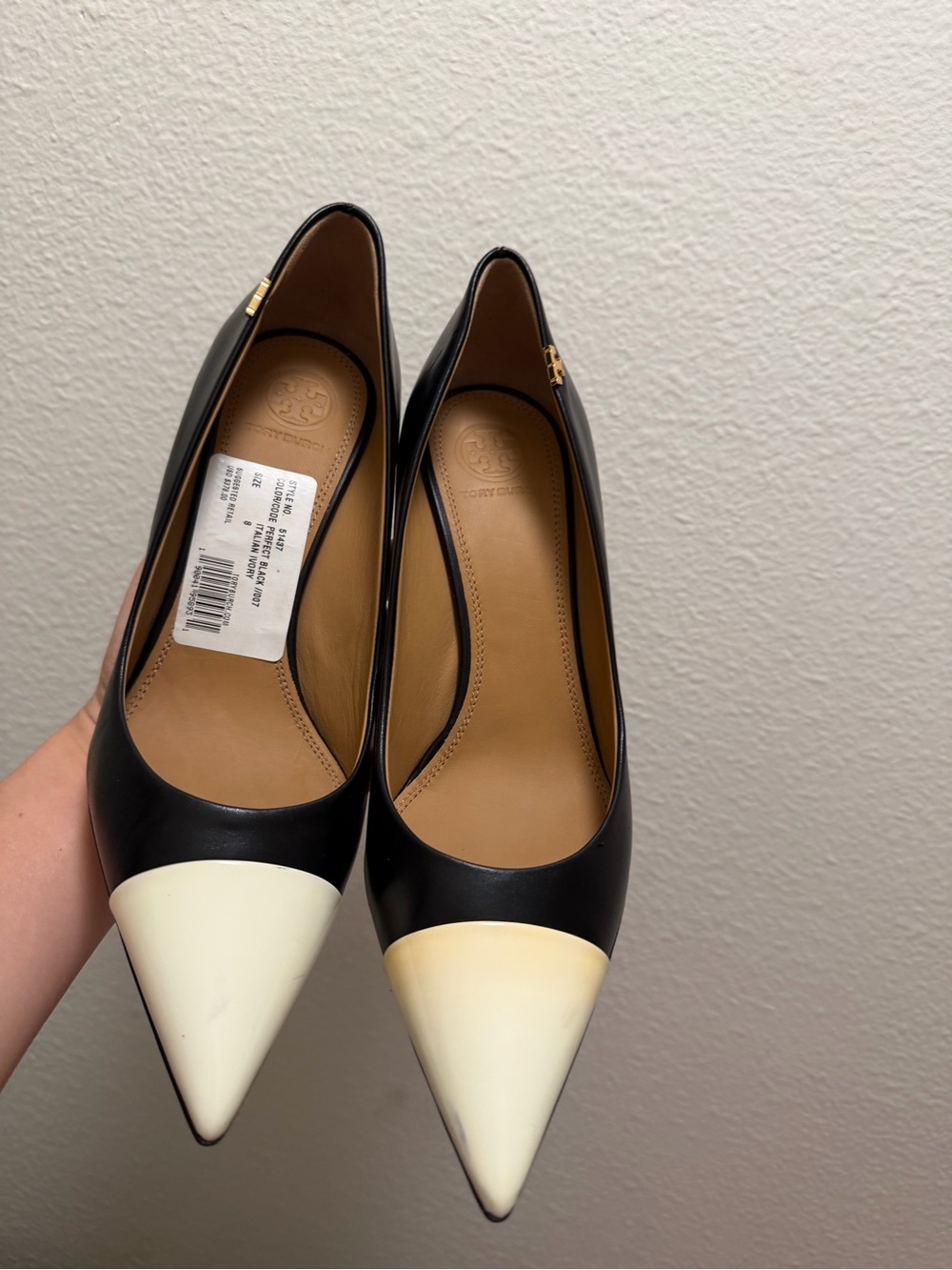 Tory Burch Black Leather Pointed Toe Pumps with Cream Caps